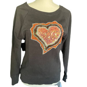 Fc Jeans Womens Squin Heart Sweatshirt Ribbed Trim Heavyweight Size S Black